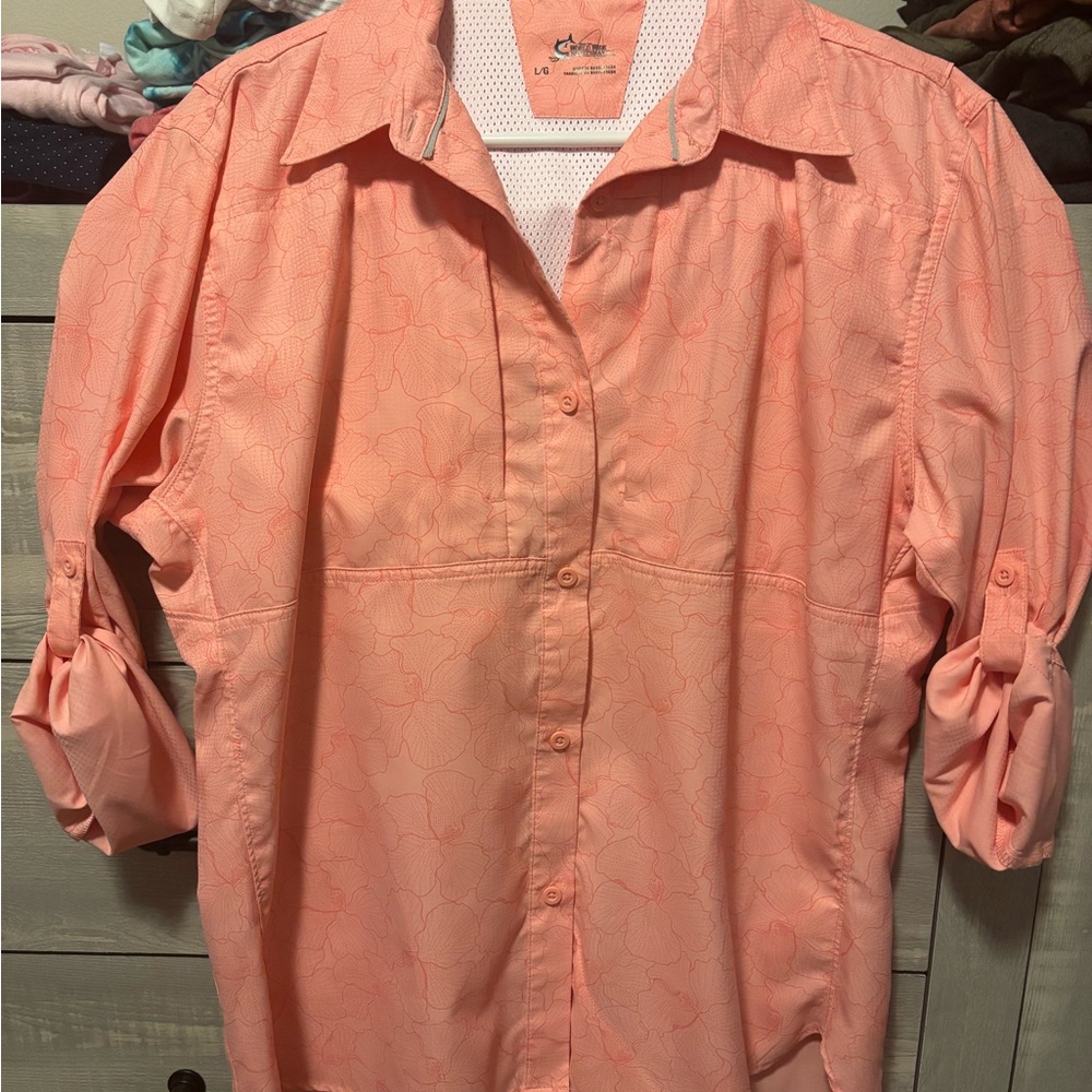 This is a nice top with quality fabric, worn twice. Like new condition.